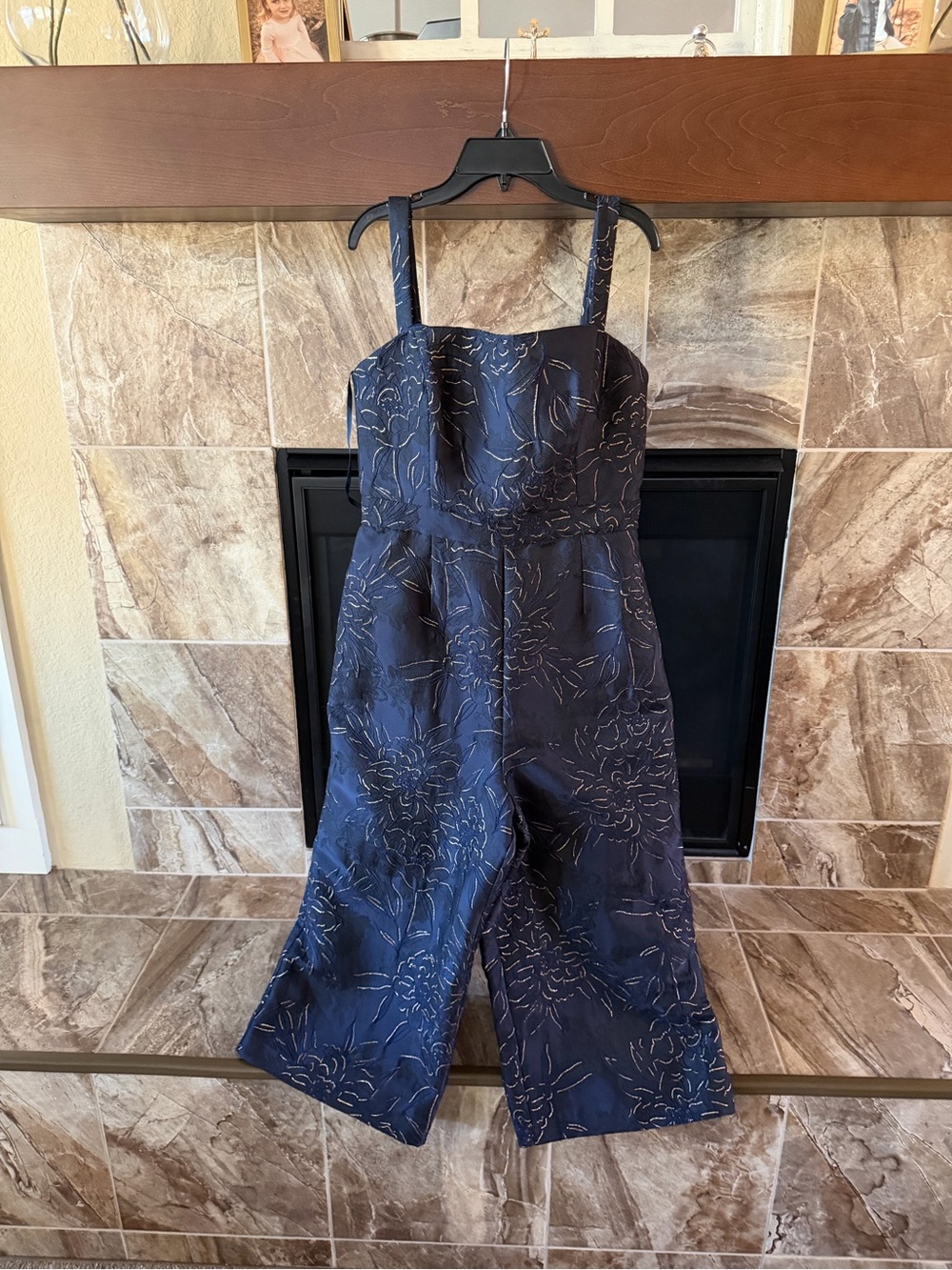Sleeveless Navy Floral Jacquard Jumpsuit